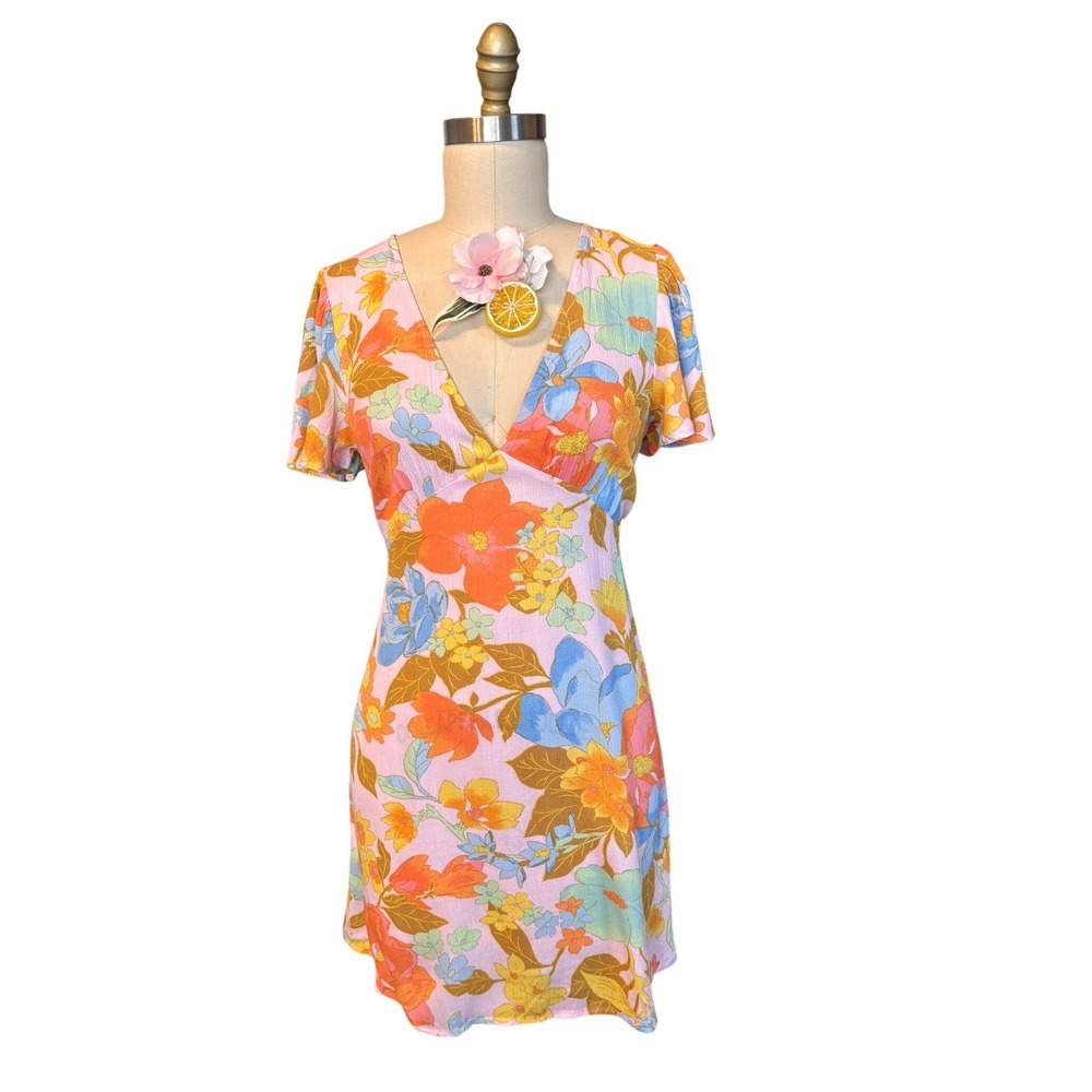 Floral Retro V-Neck Empire Waist Billabong Mini Dress Medium Pink Orange